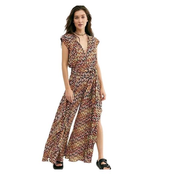 Free People Sahara Jumpsuit In Green Abstract Print Women's Size XS Wide Leg - Picture 1 of 12